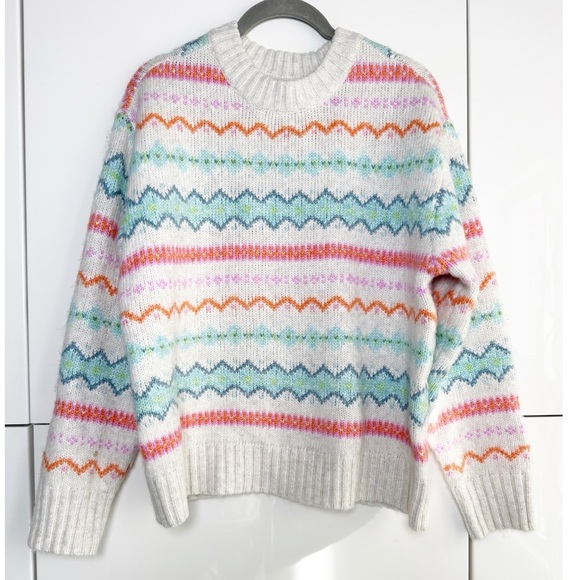 American Eagle Fair Isle Apres Ski Sweater Size Small Cream Pink Blue Knit - Picture 1 of 5